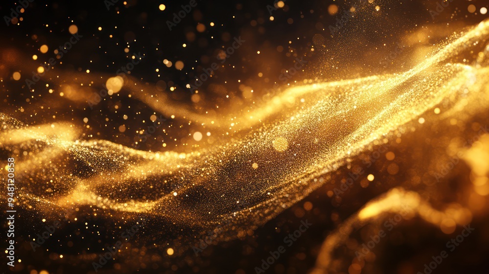 Poster a shimmering abstract golden wave with sparkling particles, creating a sense of magic and elegance.