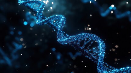 A mesmerizing depiction of a DNA helix, shimmering in vibrant blue hues against a dark, starry backdrop.