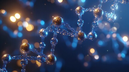 Close-up of a DNA strand with a futuristic glow, showcasing intricate molecular structures and vibrant colors.