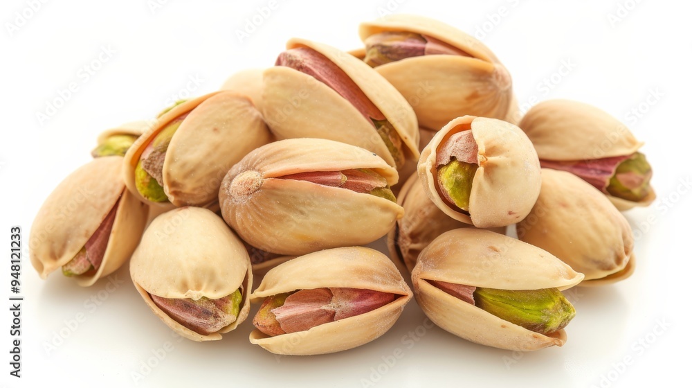 Poster a detailed shot of a handful of pistachio nuts with their shells partially opened, arranged on a lig