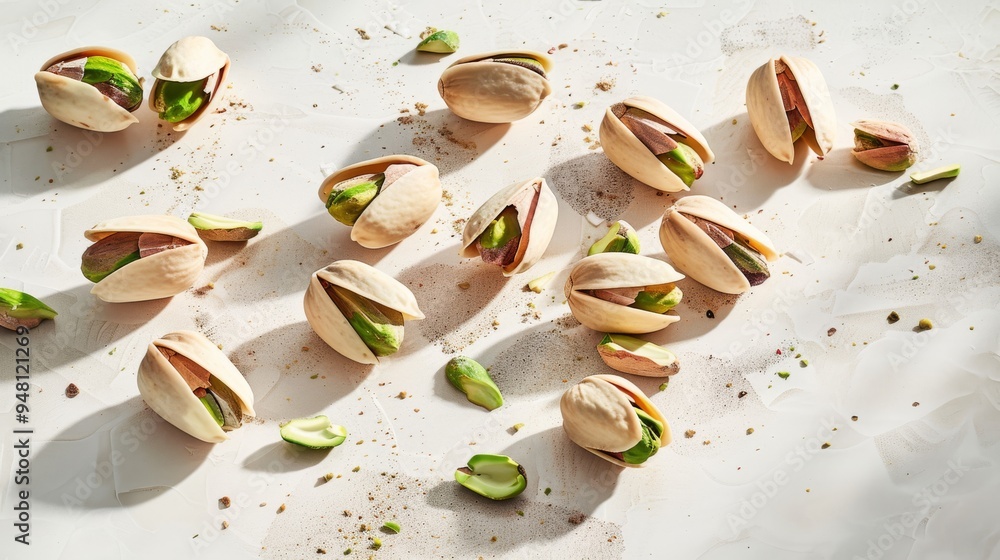 Poster a detailed shot of a handful of pistachio nuts with their shells partially opened, arranged on a lig