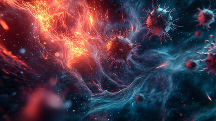 A virus is shown in a space with a red background