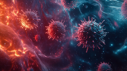 A virus is shown in a space with a red background