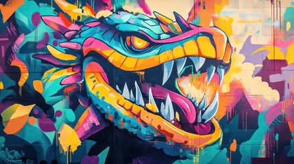Naklejka premium Vibrant dragon mural showcasing bold colors and fierce expression, enhancing urban street art aesthetics.