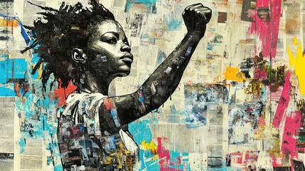 A powerful Black woman raises her fist in solidarity against a vibrant backdrop of mixed media, symbolizing strength and resilience.