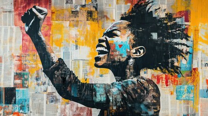 A powerful Black woman celebrates empowerment with raised fist, vibrant colors and mixed media backdrop, expressing strength and resilience.