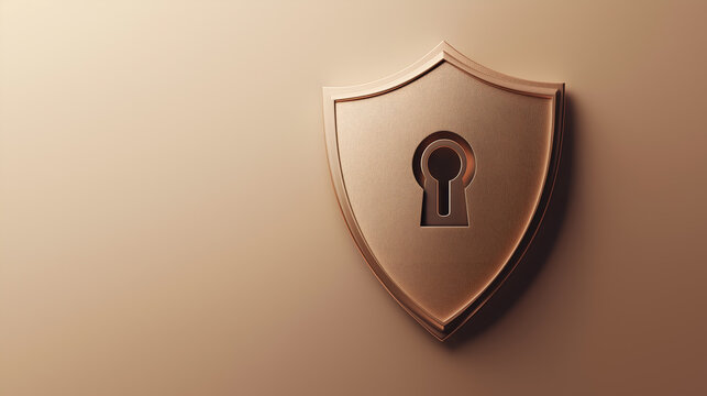 Minimalistic bronze shield with a keyhole icon on beige, robust security. Ideal for luxury security services, privacy campaigns, premium tech products, digital marketing, cybersecurity visuals