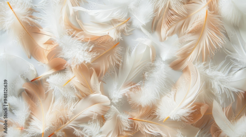Poster a detailed shot of chicken feathers scattered over a light, neutral surface, highlighting the textur