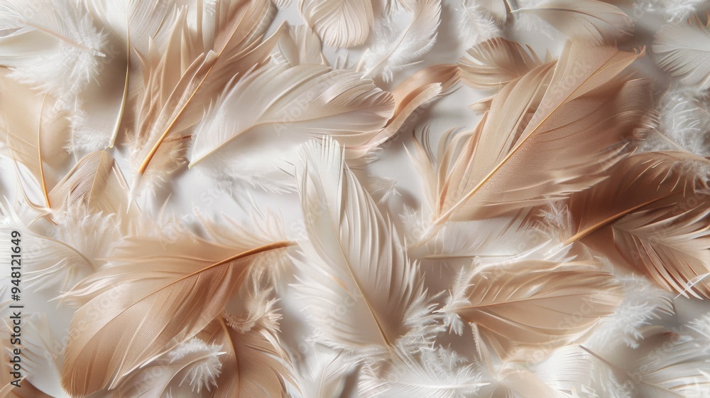 Poster a detailed shot of chicken feathers scattered over a light, neutral surface, highlighting the textur