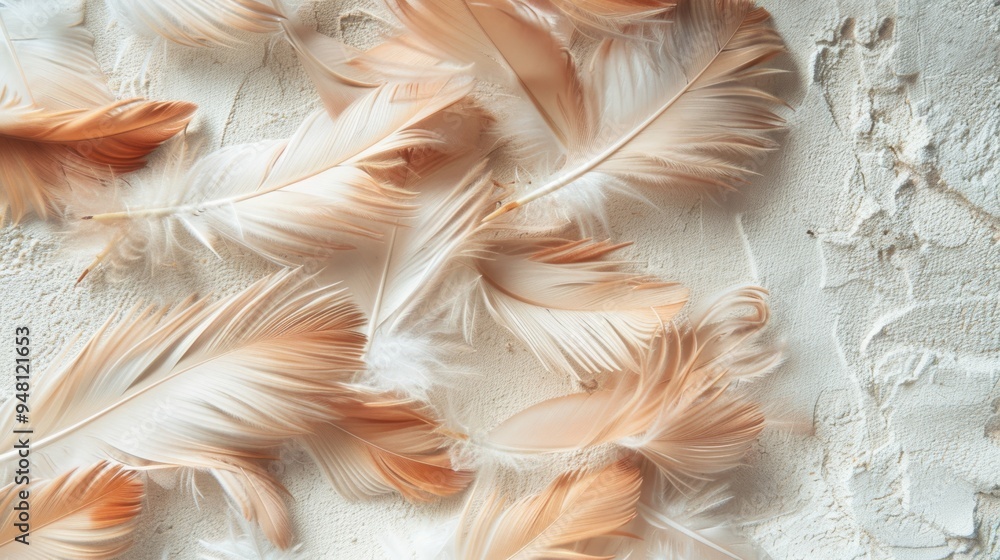 Poster a detailed shot of chicken feathers scattered over a light, neutral surface, highlighting the textur