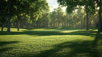 Naklejka premium A serene golf course landscape bathed in warm sunlight, showcasing vibrant green grass and lush trees.