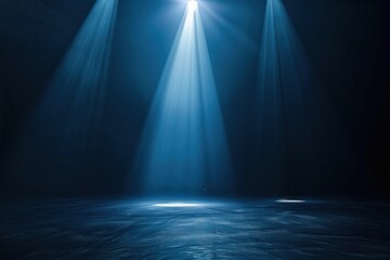 three blue bright spotlight shining down on the stage floor at the night show