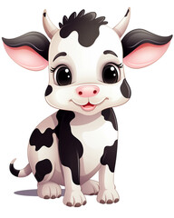 A cartoon cow with a black and white coat is sitting on a white background