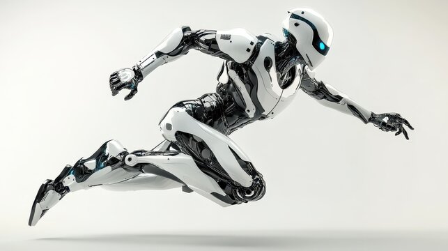 A humanoid AI robot is captured in a dynamic running pose, showcasing agility and advanced design in a high-tech environment