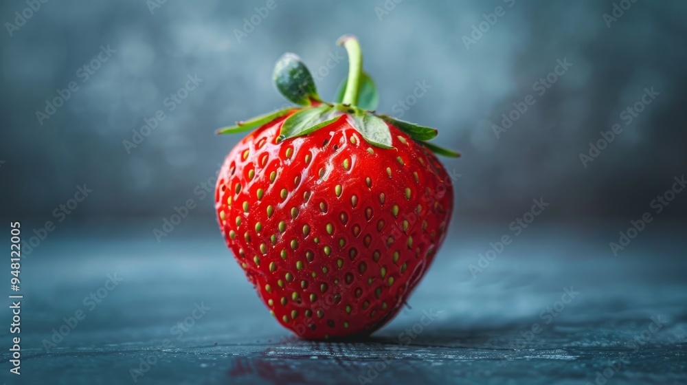 Poster A detailed view of a single strawberry with a focus on its texture and seeds, presented against a smooth, unobtrusive background that highlights its freshness.