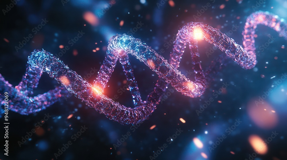 Poster a captivating abstract representation of dna strands illuminated with vibrant blue and orange tones,