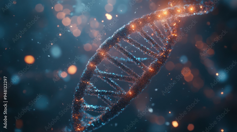 Poster a stunning visualization of a dna double helix illuminated with sparkling particles, showcasing the 