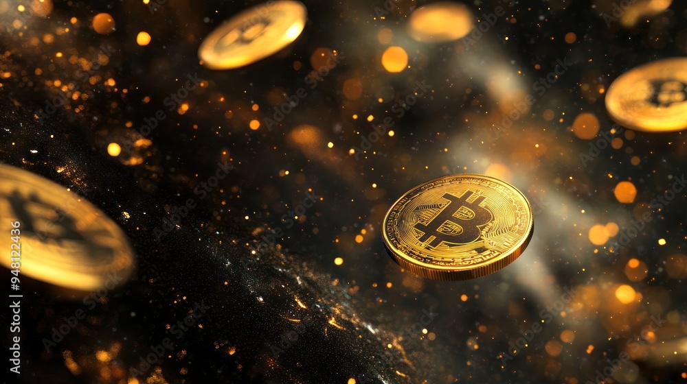 Poster digital golden bitcoins floating in space with shimmering lights and sparkles, representing cryptocu