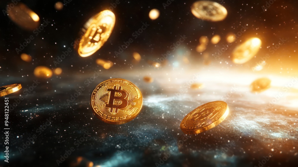 Poster an artistic representation of bitcoin coins floating in a cosmic scene, symbolizing innovation in fi