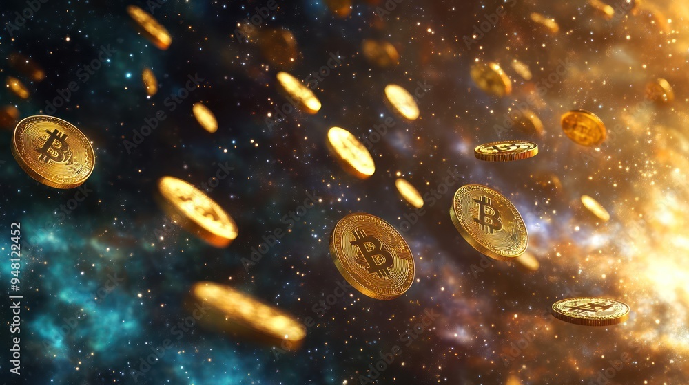 Poster a mesmerizing array of golden bitcoins floating in a cosmic backdrop, symbolizing the vast potential