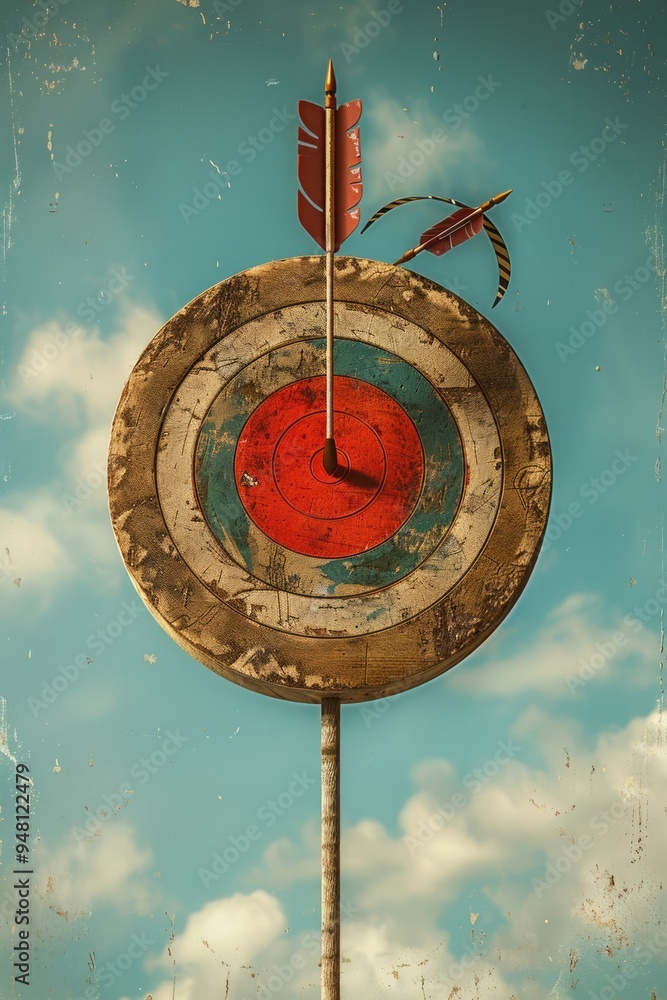 Poster a single arrow striking the center of a weathered target against a bright blue sky with fluffy cloud
