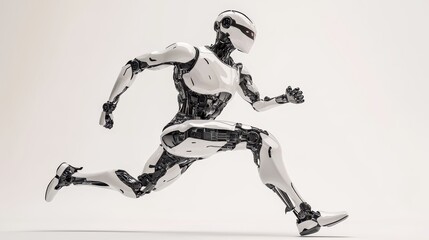 A humanoid AI robot energetically sprints forward, illustrating impressive movement and engineering in a contemporary indoor environment
