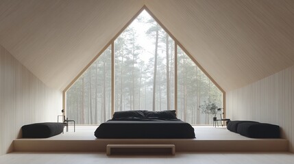 A classic mezzanine loft with a big panoramic window, a bedroom and a balcony overlooking the garden meadow. Scandinavian interior with a minimalist design.