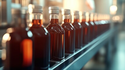 Close-up of glass bottles filled with dark liquid on a conveyor belt in a factory setting, highlighting the production process.