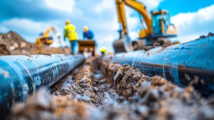 Construction workers installing large pipes in an excavation site under a partly cloudy sky during the day