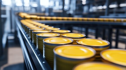 Fototapeta premium A close-up of a conveyor belt transporting vibrant yellow cans in a modern industrial setting.