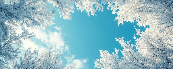 Snow-covered trees frame a clear blue sky with wisps of clouds on a winter day, creating a serene nature moment in a tranquil forest setting
