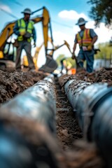 Naklejka premium Construction workers engaged in pipeline installation on a sunny day in a residential area with machinery operating nearby
