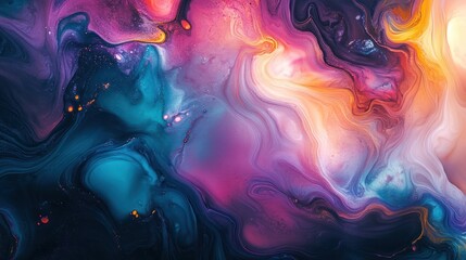 A mesmerizing abstract composition featuring vibrant swirls of blue, pink, and orange hues.