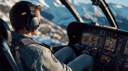 A male pilot focused on flying a helicopter over snow-capped mountains, reflecting determination and skill.