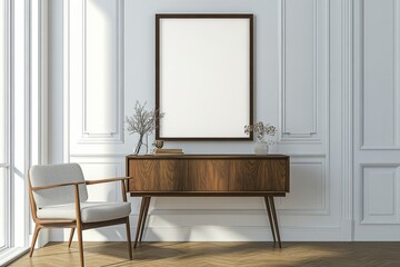 This stylish, eclectic dining room features a mock-up poster map, shared table design chairs, a gold pedestal lamp, and an elegant sofa in the second space. White walls and wooden parquet are