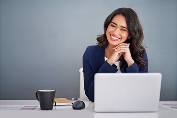 Confidence, space or businesswoman in portrait on laptop for consulting online, research or policy...