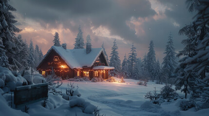 A cozy cabin nestled in a snow-covered forest, with warm glowing windows, surrounded by tall, frosted pine trees under a peaceful winter sky.