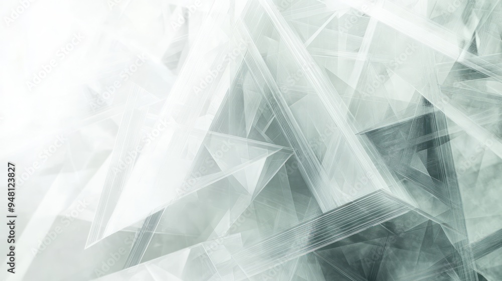 Poster abstract geometric design featuring overlapping translucent shapes in a soft, cool color palette.