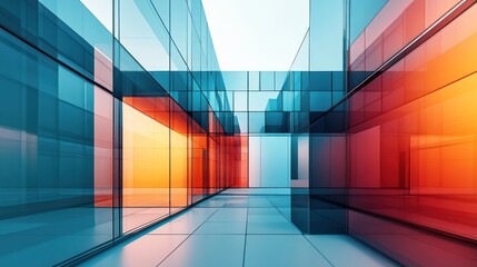 Fototapeta premium Abstract geometric architecture featuring vibrant blue and orange glass panels, creating a modern, visually striking environment.