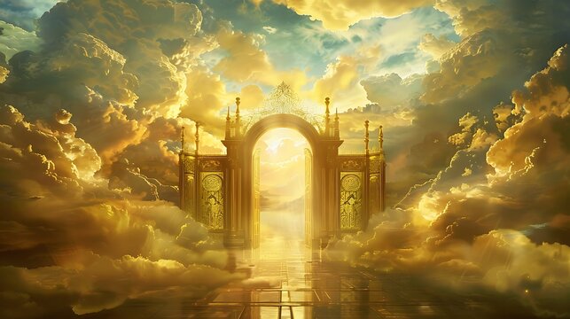 The Gates of Heaven made of gold and pearl, surrounded by a radiant light and clouds