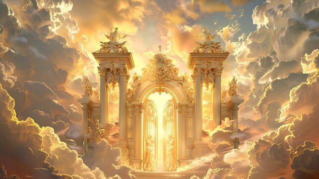 The Gates of Heaven made of gold and pearl, surrounded by a radiant light and clouds