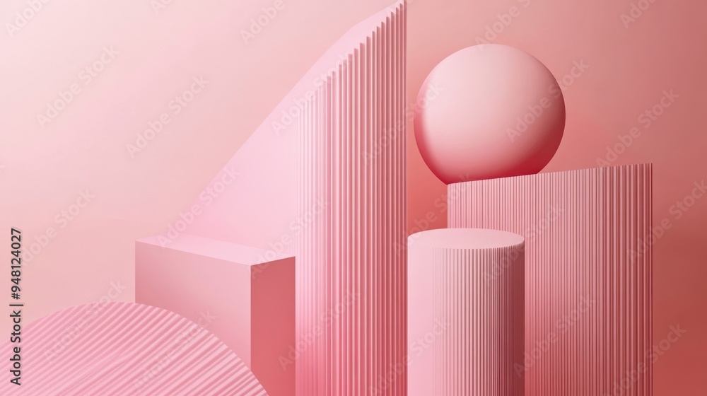 Poster abstract composition of soft pink geometric shapes, featuring a sphere and various textured structur