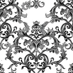 seamless pattern black grey baroque on white background