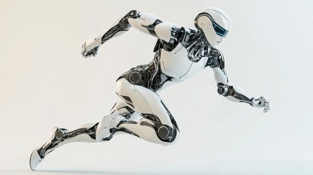 A humanoid AI robot runs energetically, showcasing advanced design and agility in a high-tech setting