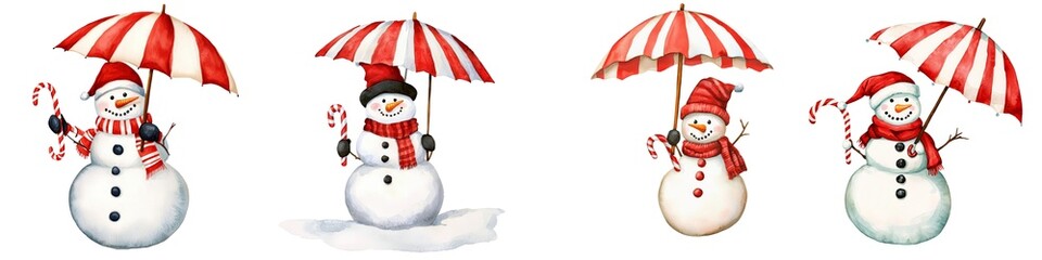 A joyful collection of colorful snowmen with umbrellas, perfect for holiday decorations and cheerful wintertime themes.