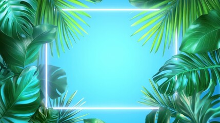 Obraz premium Vibrant tropical leaves decorate a bright blue background, creating a fresh and lively frame for design or content.