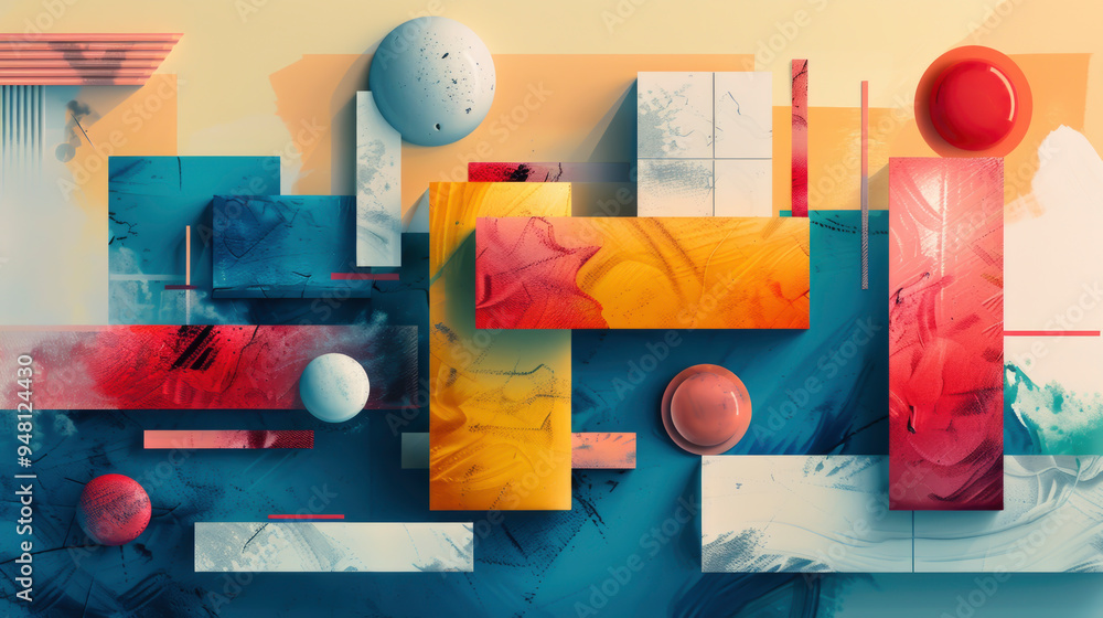 Poster an abstract background composition combining bold geometric shapes and vibrant colors creates a dyna