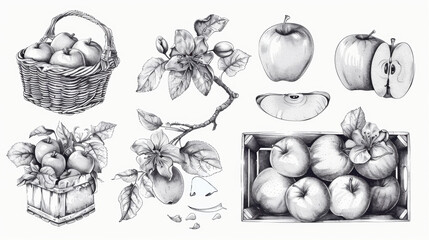 Line drawing of apple fruit, flower, plant, leaf