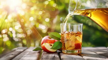 Fresh apple juice cider being poured into glass with apple fruit on table