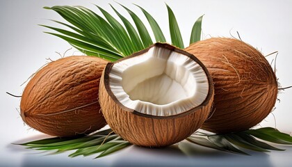 Coconuts and palm leaves on a white background, with one coconut open to reveal its white flesh inside